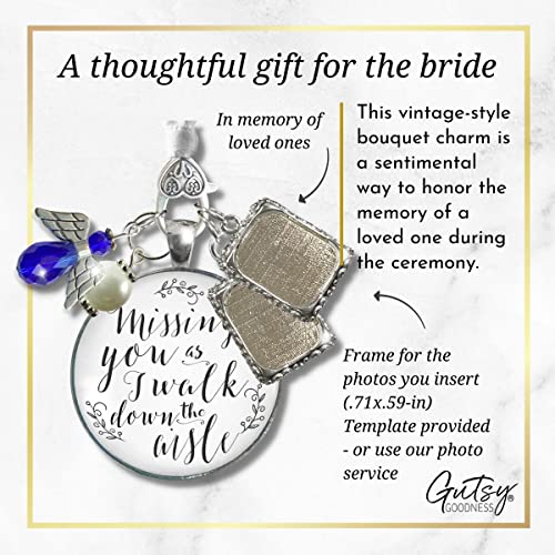 Image of Bouquet Photo Charm Wedding Memory Something Blue Angel - I Know You'd Be Here If Heaven Honor Love One, Silver Finish Handmade Bridal Jewelry White Glass Pendant 2 Frames Gift Message & Box for Bride