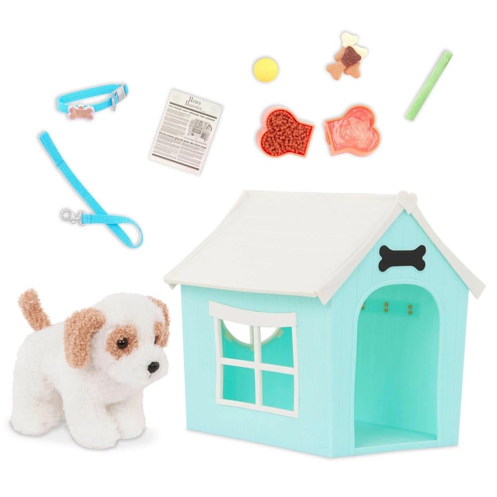 AIDNI Our G Deluxe Dog House Playset with Plush Puppy, Dog Kennel Accessories, Collar, Leash & Feeding Set for 18 Inch Dolls