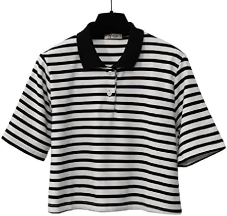 TEEN fashion Women Summer Striped Design Cotton Crop Top Turndown Collar Button Casual T-Shirt