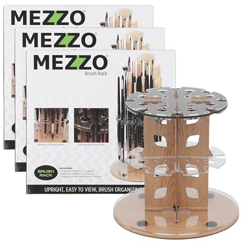 Image of HG Art Concepts Mezzo Dual Artist Brush Holder and Drying Rack, 3 Pack - Rotating Wood Grain Laminate Multi Layer Desk Stand - Professional Storage Display Organizer for Paintbrushes