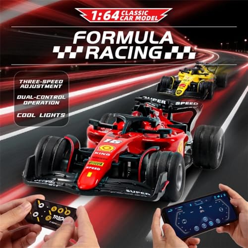 Image of PLUSPOINT 1:64 Die cast Metal F1 Mini RC Racing car with LED Lights | 2.4GHz Remote Control Car | 3 Speed Adjustable, USB Rechargeable RC Alloy Car for Kids & Adults Indoor /Outdoor Racing