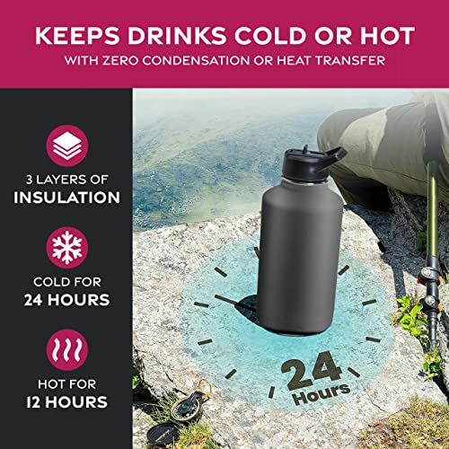 Insulated Water Bottle with Straw - 64 oz Stainless Steel - 3 Lids - Reusable for Travel, Camping, Sports - Black
