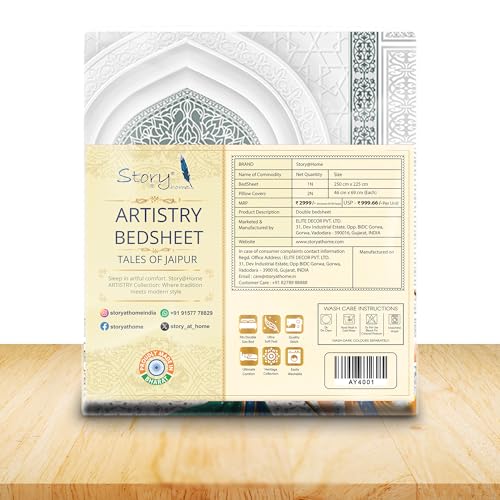Image of Story@Home Rajasthani Theme Jaipuri Bagru Sanganeri Traditional Print Double Bedsheet 250x225 cm with Pillow Covers | Cotton Feel 240 TC Fabric | Grey Ethnic Motif | Soft & Durable