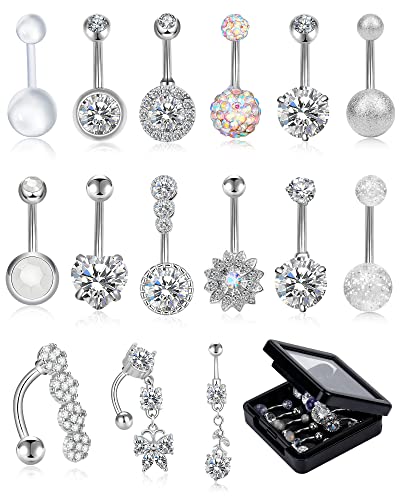 12/15/40Pcs Belly Button Rings 14G Belly Rings for Women CZ Dangle Curved Navel Barbell Body Piercing Jewelry with Gift Box