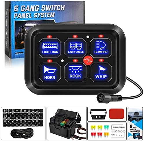 Auxpower 6 Gang Switch Panel with Electronic Relays Automatic Dimmable LED Switch Pod Universal Auxillary Toogle Switch Panel for Truck Car Off Road UTV SUV Caravan Boat, Waterproof