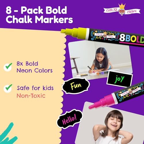 liquid chalk markers for blackboards - bold color dry erase marker - chalk markers for chalkboard signs windows blackboard glass - 6mm reversible tip 8 pack - 24 chalkboard labels included