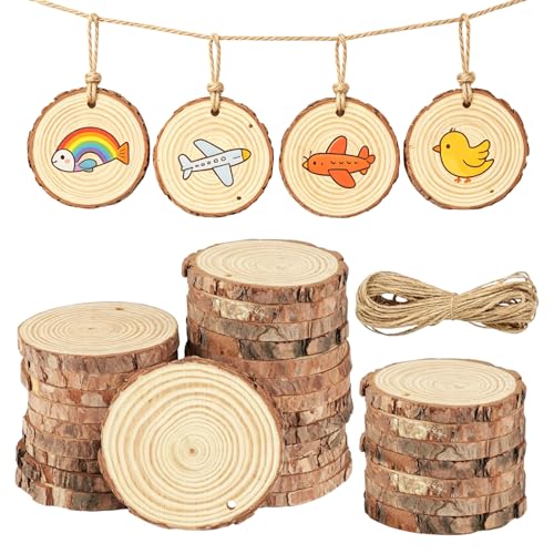 Natural Wood Slices 30Pcs Log Slices Wooden Circles 7-8cm Unfinished Log Wooden Circles Thick 0.5 cm with with 5m Jute Rope for Arts Christmas or Wedding Ornaments and DIY Crafts