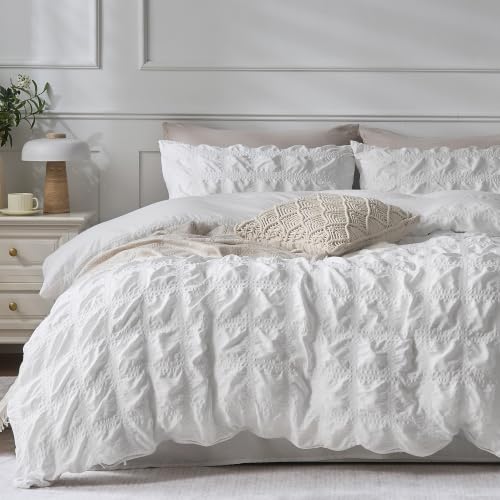Image of JELLYMONI Seersucker Duvet Cover Set Full, 3pcs White-Grid Polyester | In Guest Room & Studio, Single Upgrades Pick, Crinkled Texture, Oeko-Tex Certified, 8 Corner Ties & Hidden Zipper