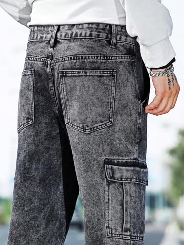 Image of QNIM Cargo for Men | Loose Fit White Denim Jeans | Stylish Cotton Multi-Pocket Casual Styling Pant | Trendy Straight Leg Comfortable Utility Streetwear Trousers (Q-04-05)