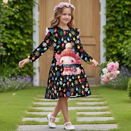 Girls Long Sleeve Dress Cute Ruffle Tiered Swing Dresses Pleated A-line Skater Twirly Midi Sundress for 3-14 Kids3