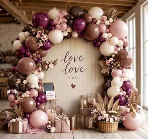 Image of Pink Brown Balloon Arch Double Stuffed Plum Dusty Pink White Balloon Kit