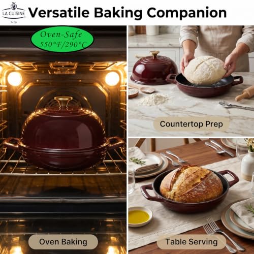 Image of La Cuisine Enameled Cast Iron Round Bread Dutch Oven for Sourdough Crusty Bread & High‑Heat Baking. Oven-Safe 550F /287C, Internal Matte Black Enamel Coating, 5 QT, Cranberry
