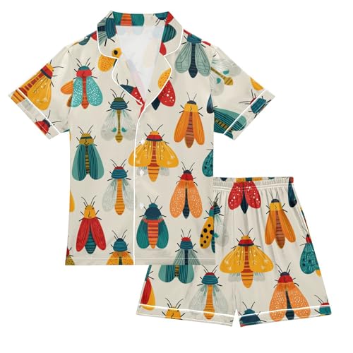 Satin Pajama Sets Short Sleeve Colorful Bugs Pattern Button Down Silky Nightwear 2 Piece PJS 5-14Y