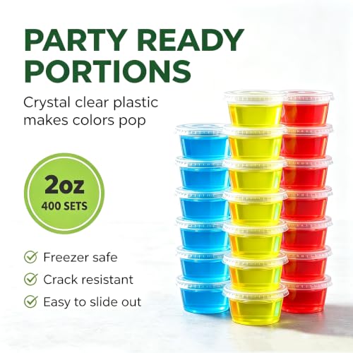 Image of TashiBox 400 Sets - 2 oz Jello Shot Cups with Lids, Small Plastic Portion Cups with Lids, Disposable Condiment Containers for Sauce