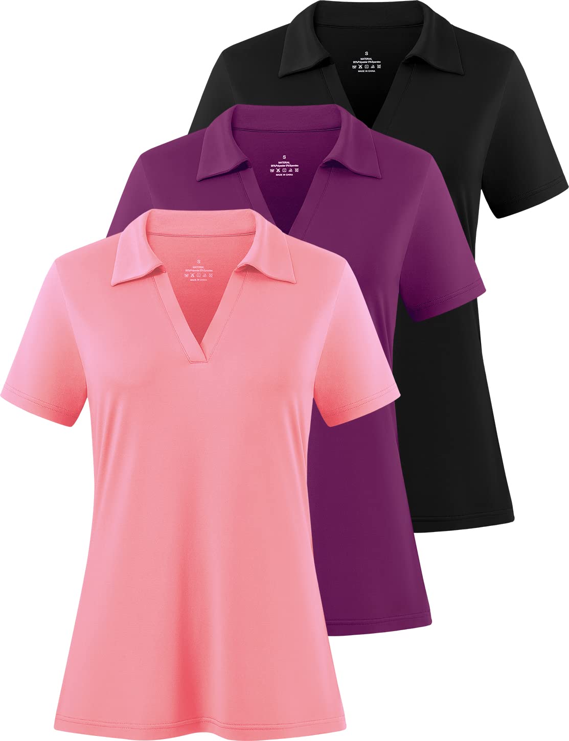 Femdouce Women's Polo Shirts V-Neck Short Sleeve Moisture Wicking Collared Shirts for Women Golf Polo Shirt for Work 1-3 Pack