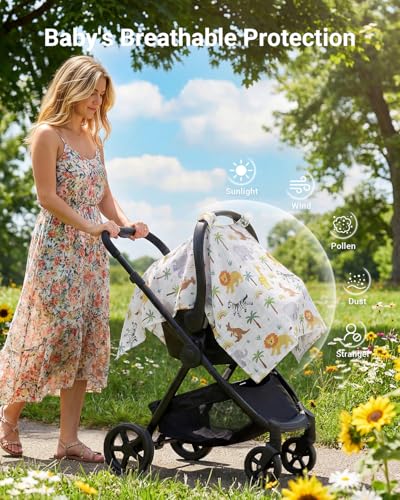 Image of Rquite Baby Boy Car Seat Cover, 100% Muslin Cotton Infant Carseat Canopy, Soft Breathable Stroller Sun Shade & Newborn Shower Gift, Large Size Universal Fit Summer, Hot & Warm Weather (Forest Animals)