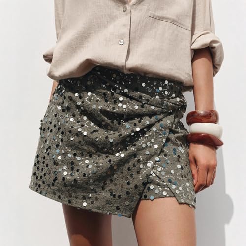 Women’s Sequin Mini Skirt – Sparkly Glitter Skirt with Twist Detail, Side Slit & Hidden Zip, Party & Disco Outfit2