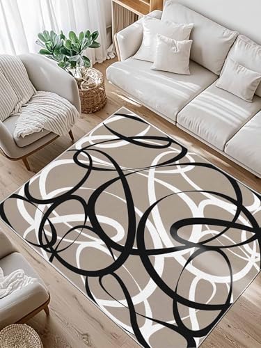 Fluffy Area Rug Soft Plush Rugs Abstract Stripe Black White