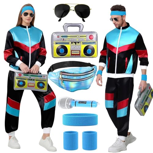 Hamanasu 80S Trainingsanzug Kostüm Männer Damen 80er 90er Jahre Sport Outfit Herren Jogginganzug Retro Anzug Disco Trainingsanzüge Hip Hop Sportanzug Set für Bad Taste Party Karneval black-M