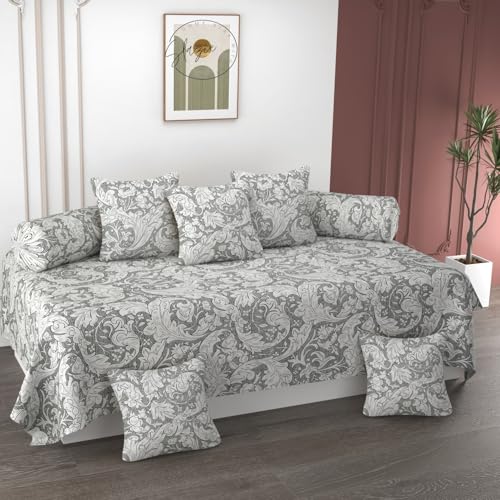 Image of Cotton Diwan Set Covers |8 Pieces Diwan Cover Set|300 TC Fabric| Pure Cotton Printed Deewan Set (1 Single Bedsheet, 2 Bolster Covers, 5 Cushion Covers)|Grey Paisley|SZDS 044