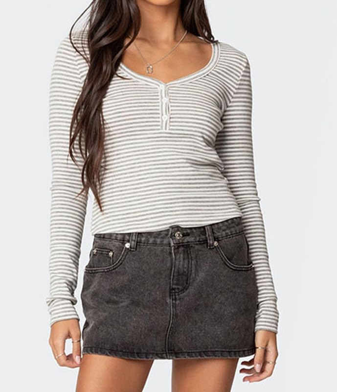 Women Striped Long Sleeve Shirt V Neck Button Up Casual Basic Y2K Slim Fitted Crop Tops - Image 2