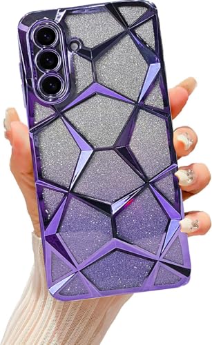 Image of VONZEE Gradient Glitter Case for Samsung A36, Luxury Electroplated 3D Cube, Diamond Bling Shiny Soft TPU Clear Shockproof Case Women Girls Protective Phone Cover (Deep Purple)