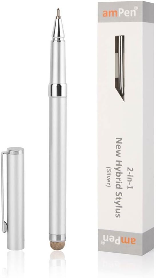 amPen New Hybrid 2-in-1 Stylus (Silver) for iPad Pro, iPad 4, iPad 3, iPad Mini 2/Mini 4, iPhone 4s/5/5s/6/6s/6Plus, Nexus 5X, 6P, Galaxy View, Galaxy Tab S2/Tab E/Tab 8/Tab A (Non-Replaceable Tip)