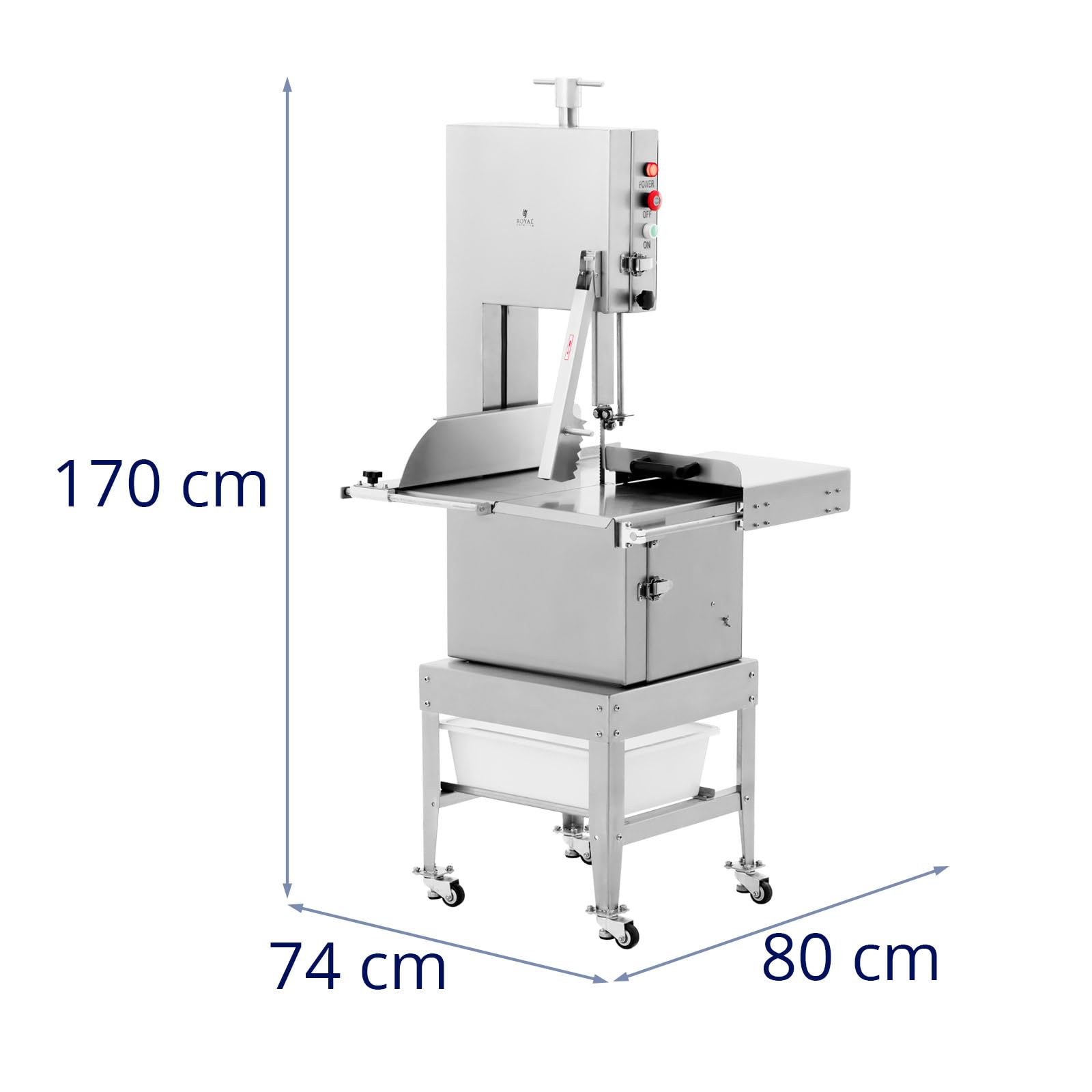 Royal Catering Elektrische Knochensäge auf Rädern 2400 mm 1500 W Schnitthöhe: 330 mm Edelstahl Knochenbandsäge Fleischsäge