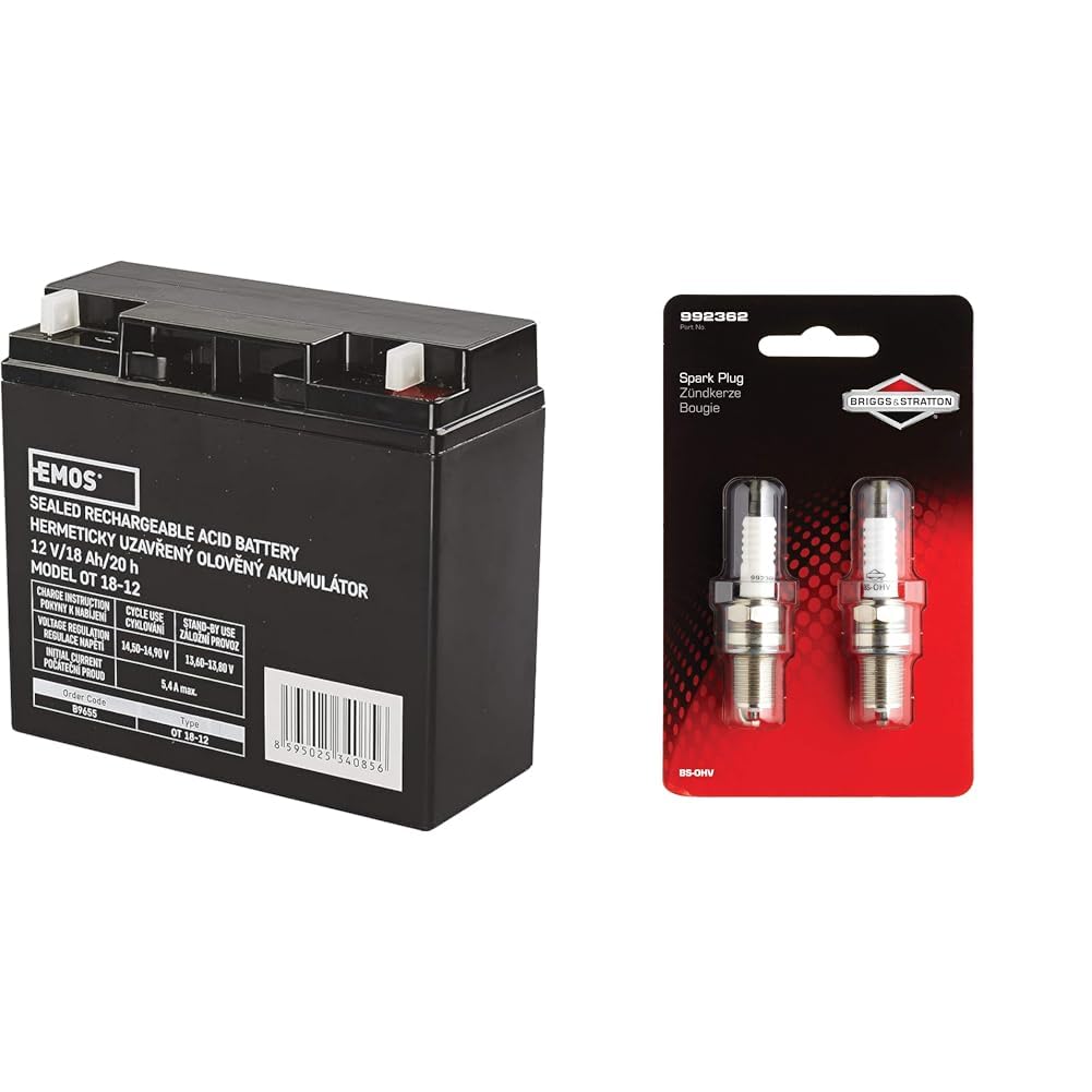 Les emos Entretien libre Accumulateur au plomb 12 V, 18 Ah, 1 pièce, b9655 & 2 bougies d'allumage RC12YC Briggs & Stratton BS-OHV