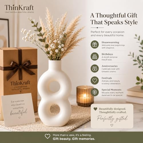 Image of Ceramic Flower Vase for Home Decor - Off White Matte Finish Abstract Hollow Design 23cm - Decorative Vase for Pampas Grass, Artificial Flowers, Living Room & Bedroom