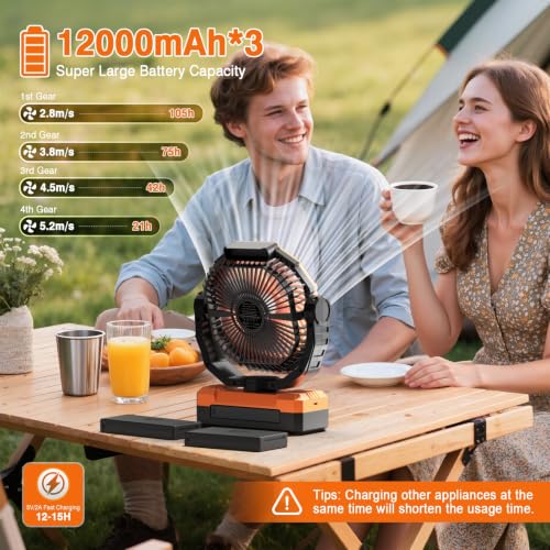 Image of FRIZCOL 3-in-1 Camping Fan - Portable Fans Rechargeable - 36000mAh Detachable Battery Powered Fan with Light & Remote for Indoor Outdoor, Tent, Travel, Fishing, Jobsite, Gifts for Men Dad Him - Orange