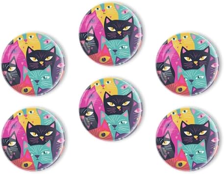 Glass Refrigerator Magnets 6 Pcs Colorful Cartoon Cat Animal Round Strong Magnetic Refrigerator Magnet, Suitable for Magnet Sticker Decoration On Whiteboard,Classroom,Home,Cabinets,1.2 Inche