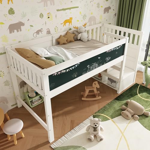 Merax Kinderbett Halbhochbett 90x200 cm, mit Whiteboard&Tafel für Kinder, Hochbett mit Treppe Staufach Stauraum-austauschbar, Lattenrost und Rausfallschutz, Ohne Matratze, Weiß/253x97x112cm