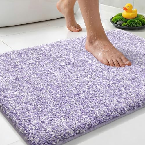 Yimobra Cushioned Anti-Fatigue Bathroom Rug Bath Mat Non Slip Washable Dense Soft Microfiber for Bathroom Sink Shower Tired Feet Comfort Absorbent 24 X 17 Purple and White