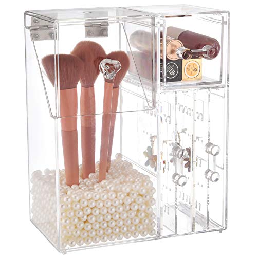 Makeup Brush Holder, Acrylic Makeup Organizer with 1 Large Brush Holder, 1 Drawer and 2 Jewrlry Board Dustproof Box with Free Pearl
