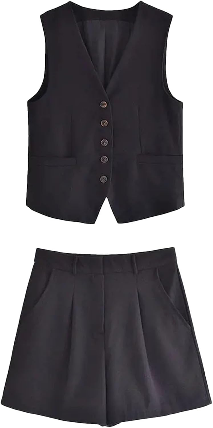 レディース リネン Vネック ベスト＆ショーツセット シックなサマースーツ