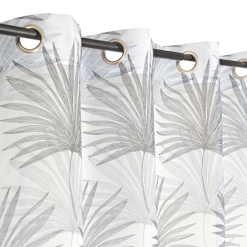 Atout Ciel Voilage imprimé Feuilles à œillets 140x240cm prêt à Poser, Blanc et Gris