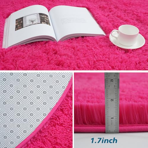 Fluffy Round Area Rugs for Bedroom,Hot Pink 4'X4'Shag Circle Area Rugs for Living Room,Non Slip Fuzzy Plush Rug for Kids Room Boys Girls Room and Dorm