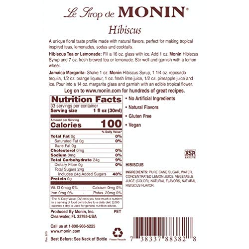 Monin - Hibiscus Syrup, Unique Floral Flavor, Great For Cocktails, Teas, & Lemonades, Gluten-Free, Non-Gmo (1 Liter) #TOP2
