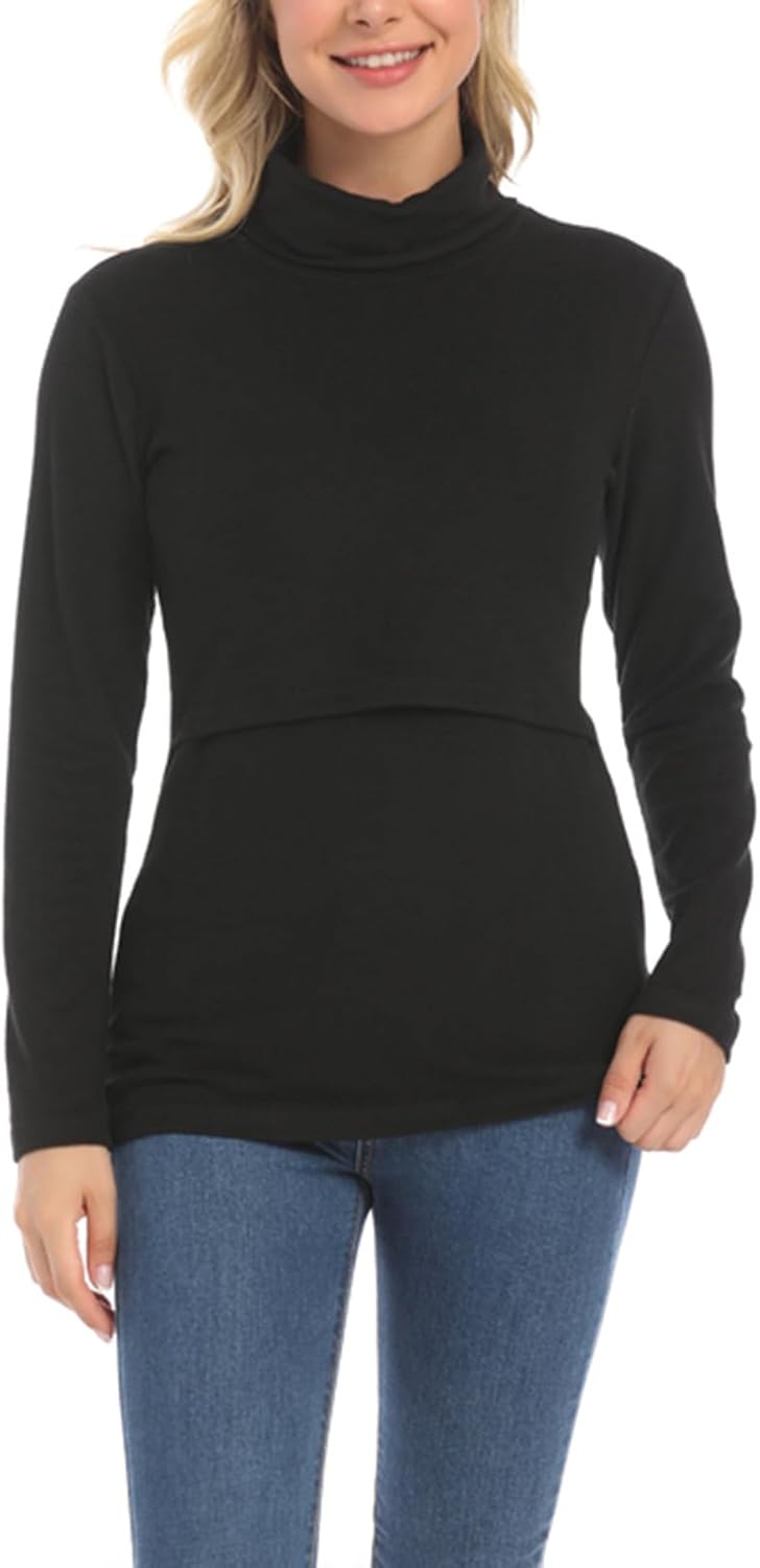 Lmdudan Maternity Turtleneck Long Sleeve Breastfeeding Shirts Basic Layering Slim Fit Pregnancy Thermal Tops Nursing Tees