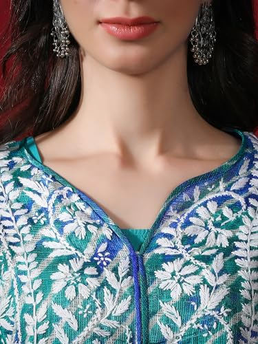 Image of Seva Chikan Hand Embroidered Lucknowi Chikankari Aqua Green Kota Women Kurta Kurti with Matching Slip (4047 Aqua Green XL)