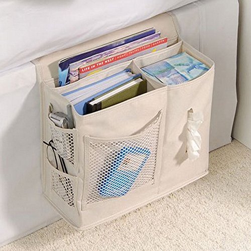 Elonglin Bedside Caddy Pocket 600D Oxford Bedside Hanging Storage Organizer 32 * 14 * 25 Table Storage Organizer Remote Magzine Glasses with 3 Pocket & Paper Extraction for Sofa Desk Holder Beige