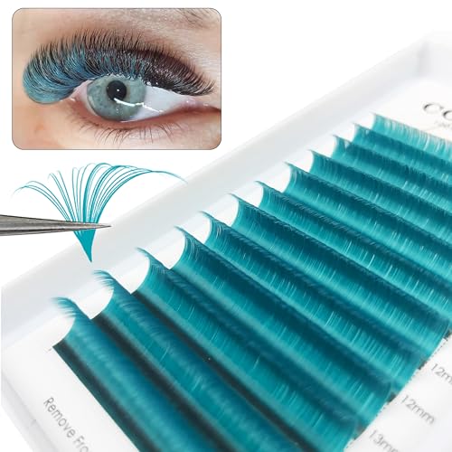 Comango Colored Lash Extensions D Curl 8-14mm Mixed Lash Tray Easy Fan Volume Lashes Dark Turquoise Colored Eyelash Extensions Self Fanning Eyelash Extensions (Green 0.07-D-Mix8-14mm)