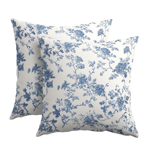 Kawani Blue Floral Pillow Covers 18x18 Inch Set of 2 Blue and Cream Chinoiserie Flower Outdoor Decorative Throw Pillows Vintage Rustic Toile Pillowcases Cushion Covers for Couch Home Decor