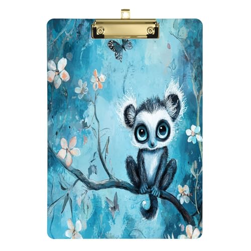 Klemmbrett, dekoratives Klemmbrett, flaches Profil, Aktenordner, Papierschreibblock für Bürobedarf, Heimgebrauch, goldfarbener Clip, 30,5 x 22,9 cm, niedlicher Lemur, Türkis
