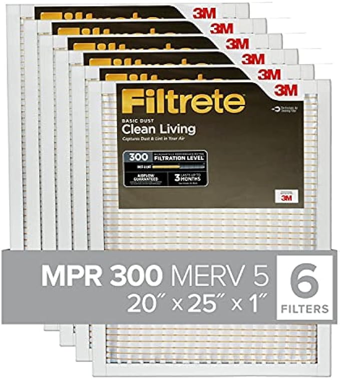 Filtrete 20x25x1, AC Furnace Air Filter, MPR 300, Clean Living Essential Dust, Pack of 6 (Exact Dimensions 19.69 x 24.69 x 0.81)