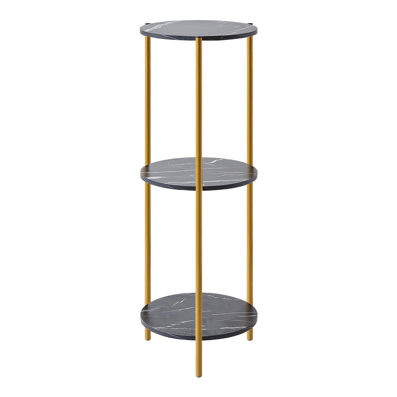 PCGAGA Corner Table - 90cm Tall, Plant Stand, Cake Stand, Side Table for Living Room (Black Marble-Like, 3 shelves, Round)