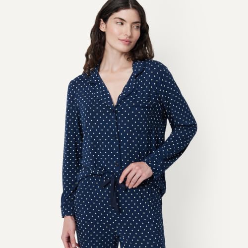 Image of Amazon Essentials x Sofia Grainge Women's Stretch Modal Long-Sleeve Button-Front Top and Full-Length Bottom Pajama Set