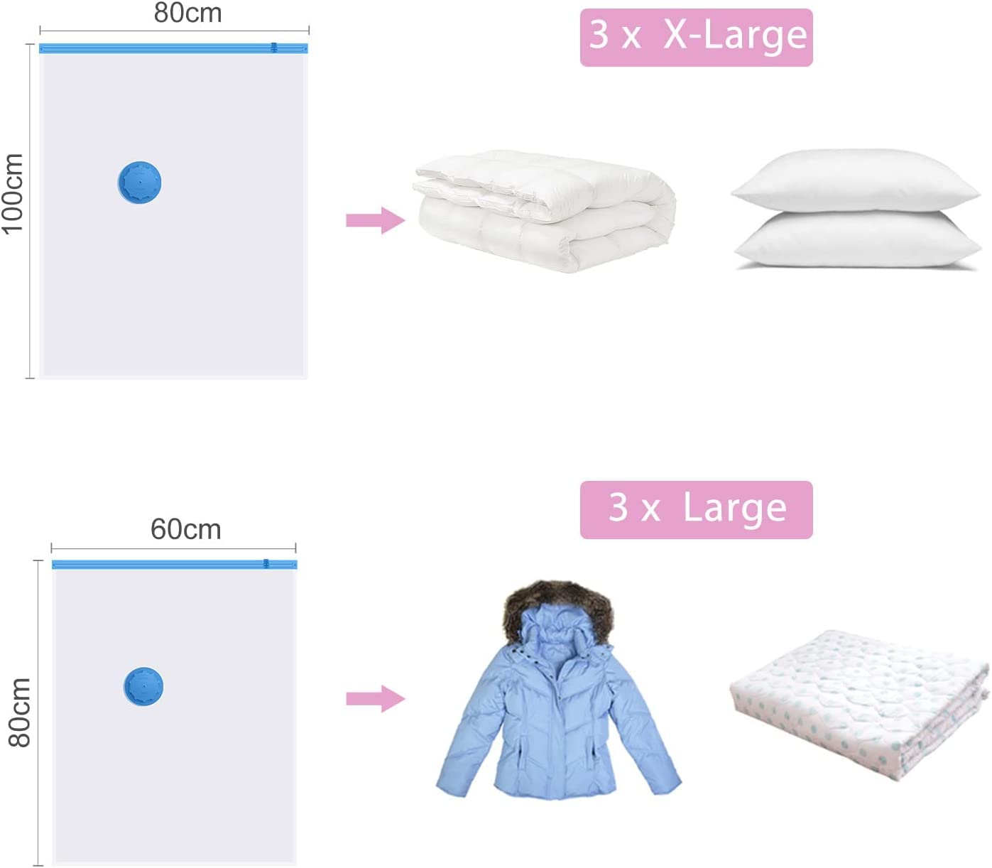 6 Piezas Bolsas al Vacío de Almacenamiento (3 * 100x80cm+3 * 80x60cm), para Guardar Ropa/Edredón/Almohada/Manta