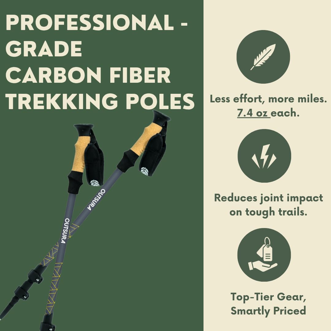 Outsura Bastones de senderismo de fibra de carbono para senderismo con agarre de corcho y bloqueo rápido, bastones de senderismo, ligeros con accesorios todo terreno, par de 2